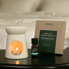 ARONICA 陶瓷盤碟分離式薰香燈 50ml + 薄荷精油 10ml + 小蠟燭 13g x 9入 套組, 白色, 1套