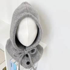 한스모자 단추 니트 후드 방한 따뜻한 겨울 모자, 그레이