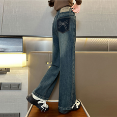 Orendamom 女童後背蝴蝶結刺繡鬆緊帶刷毛牛仔褲