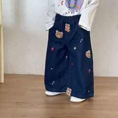 Starbean 可愛小熊刺繡寬版牛仔褲