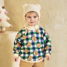 mollimelli 兒童格紋泰迪熊刷毛大學T恤