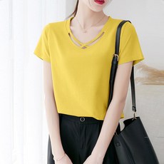 마더브띠 여성용 오픈넥 민무늬 반팔 티셔츠