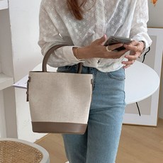 一針工房 女款亞麻圓筒粗花呢帆布托特水桶包