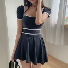 Rich Unni方領撞色線條連身比基尼連身泳裝, 黑色