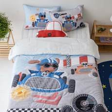 MYHOUSE 兒童用泡泡紗涼感手工刺繡夏季薄棉被 + 枕頭套組, 賽車