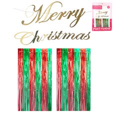 PARTYSHOW 聖誕節裝飾手寫字體拉旗金色 + 雙色混搭窗簾2入組, 混合色, 1個