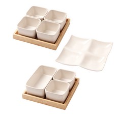 Kioli 方形盤細分木托盤 3 件套, 亞光白(碗/盤)/單色(木托盤), 1組