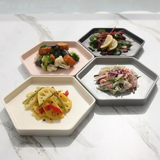 SSUEIM 六角陶瓷盤4入組, 藍灰色+木炭黑色+奶油白色+淺粉色, 1組