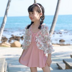 HARAROI 女童花朵開襟衫連身泳裝