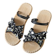 bebehome 小清新碎花兩用平底涼拖鞋, 黑色, 舒適平底設計, 時尚百搭女鞋, 36~37