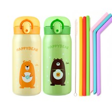 彈蓋式保溫瓶 2入+吸管 6入組, 黃色+綠色, 350ml, 1組
