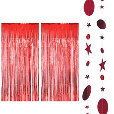 PARTYSHOW 窗簾 2p + 月亮星星拉旗 2p 套組, 紅色(窗簾), 金屬紅(拉旗), 1套