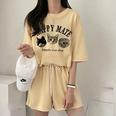MEICHEL 女性快樂貓咪日常短袖 + 短褲套裝 10442