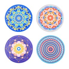 曼陀羅設計陶瓷防滑圓形隔熱墊 4入, 混色, 1套