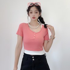 더시럽 여성용 애리 페이크 포인트 배색 크롭 반팔 탑