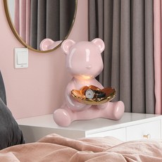 粉紅熊金色托盤擺件, 粉紅色 + 金色
