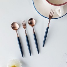 Bogen 艾菲爾餐具2件組 玫瑰金 + 藍色, 1套, 茶匙 2入 + 茶叉 2入