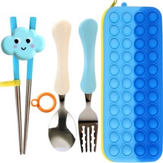 Pongpong雲朵練習用幼兒餐具組, 藍色, 餐具5件組