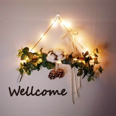 Lovely Farm人造花環壁掛+LED燈+文字貼紙 5入, Welcome