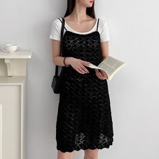 針織女款 Lanbcell 蕾絲鏤空透視馬甲針織連身裙, 黑色