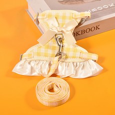 파스텔펫 강아지 새틴리본 프릴 하네스 + 리드줄 세트, 옐로우, 1세트