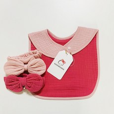 ggoom duboo 百日禮盒 圍兜+髮帶 2入, 粉色, 1組