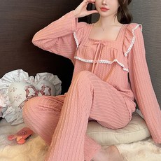 안나앤코 여성용 스퀘어넥 리본 러플 긴팔 파자마 상하의 세트