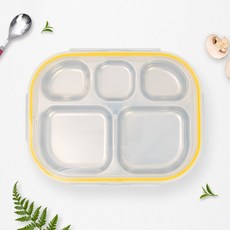 RAONNURI 兒童用優質全不鏽鋼5格幼兒園攜帶式密封餐盤B款, 黃色, 1個