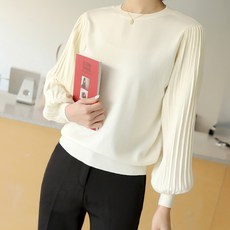 빼빼 여성용 라운드넥 퍼프주름소매 니트티셔츠