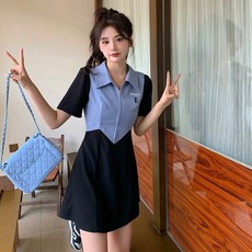 PEONIST 翻領拉鍊短袖連身裙 短版 含大尺碼, 藍色