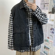 男士獨特復古石洗丹寧背心夾克