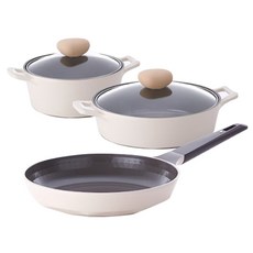 NEOFLAM Carat 鍋具組 附鍋蓋2個, 雙柄鍋20cm+燜鍋24cm+平底鍋28cm, 象牙白, 1組