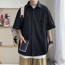 ELSSO 男女通用 夏季 薄款 大尺碼 雙口袋 短袖襯衫