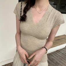 아이엠몽 여성용 보라유 V넥 데일리 슬림핏 캡소매 반팔 티셔츠