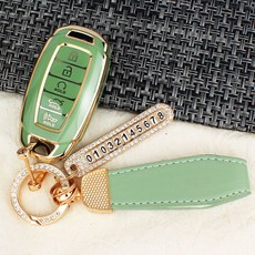 GMZ MOTORS 適用現代5鍵 Palisade Santa Fe CN7 高級TPU鑰匙圈 鑰匙殼 電話號碼環 皮革掛繩 禮品盒套組, AH-02, 橄欖綠