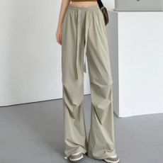 MYSEASON 女款防風褲腳抽繩寬版鬆緊長褲