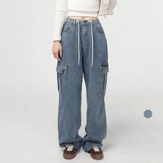 코튼클로젯 여성용 스트링 롱기장 포켓 카고 벌룬 청바지