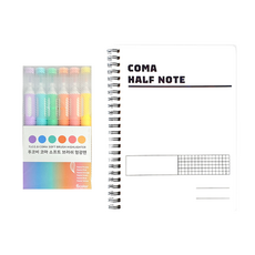 TUCO.B Koma 軟刷螢光筆 6支 + Koma Half Note B5 筆記本套組, 1套, 馬卡龍紫, 馬卡龍藍, 馬卡龍綠, 馬卡龍橘, 馬卡龍粉, 馬卡龍黃(螢光筆), 白色(筆記本)