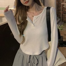 Goodif 女款亨利領短版長袖T恤