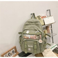 SORIDAL 女用玫瑰大容量收納日常後背包 + 鑰匙圈 + 別針徽章組, 綠色