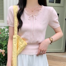 Raratina 女款蝴蝶結蕾絲短袖針織衫