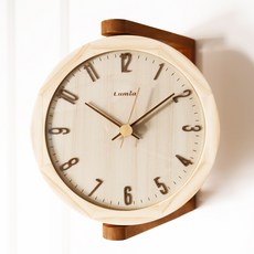 루미아 로이어 입체 원목 무소음 양면 벽시계 SL501, 내추럴(본체), 브라운(거치대)