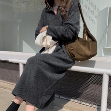 翻領針織連身裙, 深灰色