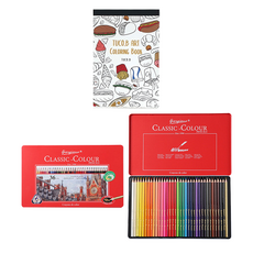 Tucoby 藝術著色本 甜點明信片本 隨機出貨 + Giorgione 三角油性色鉛筆 36色組, 東亞PMS, 東亞PMS