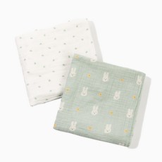 夢扉 Mimilu 嬰幼兒用棉紗安撫毯 2件組, 薄荷兔, 綠萊姆