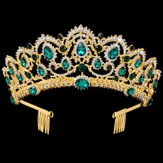 LUNA GLAM 十字裝飾公主新娘婚禮皇冠頭飾 WC536, 1個, 金色綠色