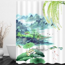 綠色山水水墨畫浴簾 A_RD_686, 1個