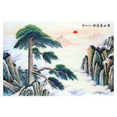 帶來好運的山水東方畫, 綠色 + 白色 + 棕色 + 紅色