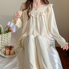 안나앤코 여성용 플로럴 프릴 무지 긴팔 잠옷 파자마 상하의 세트