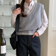 린다샵 바벤트 배색 라인 뜨개 니트 베스트 cpvt1222k41